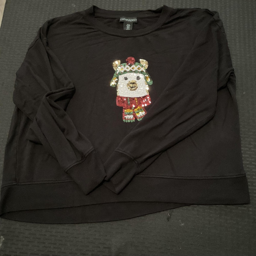 Cynthia Rowley Shirt Womens Medium Black‎ Sequin Bear Christmas Long Sleeve Top